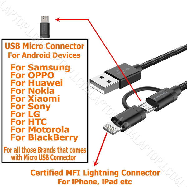 Fast Dual Charger 2 In 1 Lightning Micro USB Charging Cable Apple MFi - Lcd4Laptop