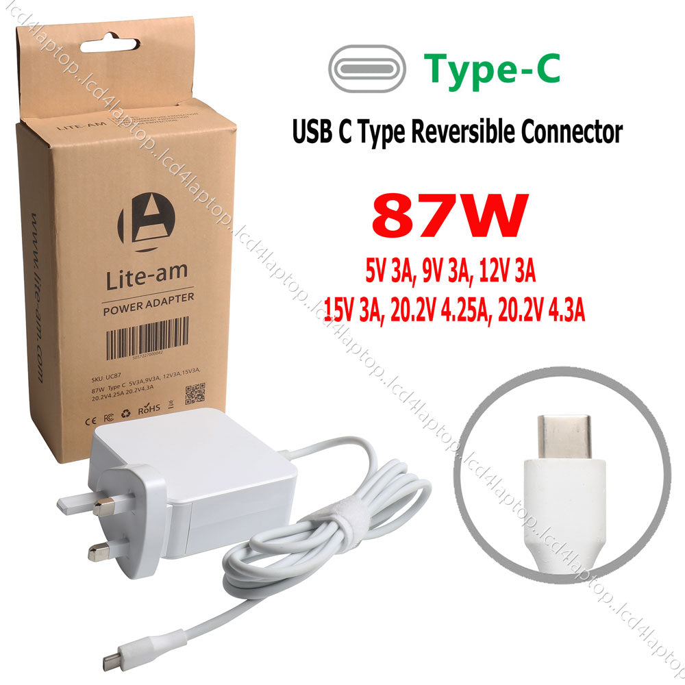 For MacBook Pro 13" A1989 2019 USB-C 87W Laptop AC Adapter Charger + UK Plug Replacement by Lite-am - Lcd4Laptop
