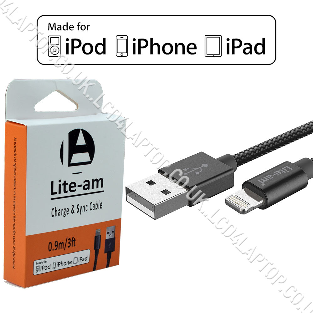 Lite-am® Apple iPhone 7 A1660 MFi Braided Lightning To USB Charge &Data Sync Cable Black - Lcd4Laptop